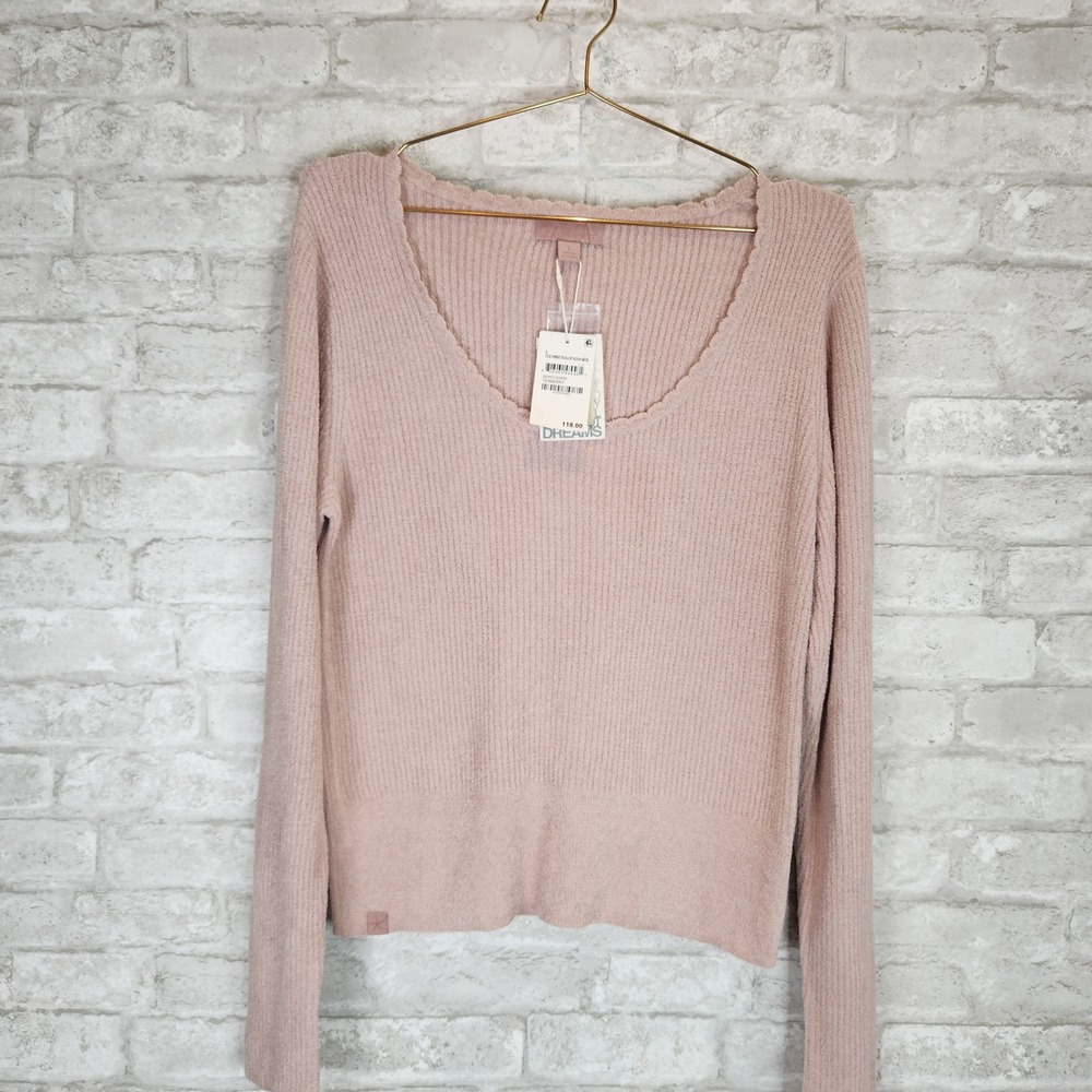 Barefoot Dreams Sweater Ribbed Scalloped Scoop Neck CozyChic Ultra Lite Pink L